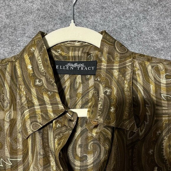 Linda Allard For Ellen Tracy Sheer Silk Metallic Blouse 8 Paisley Button Down - Picture 4 of 13